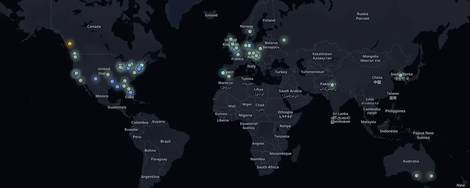 Map of the 50 case files on this page, pinned by legal status