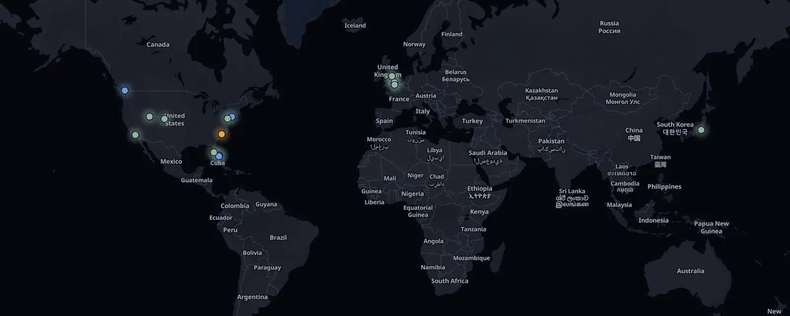 Map of the 14 case files on this page, pinned by legal status