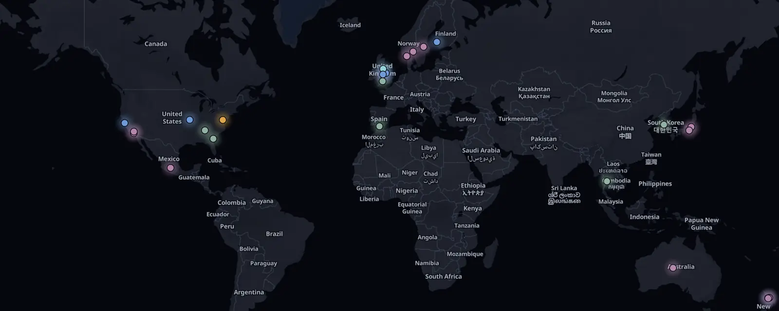 Map of the 26 case files on this page, pinned by legal status