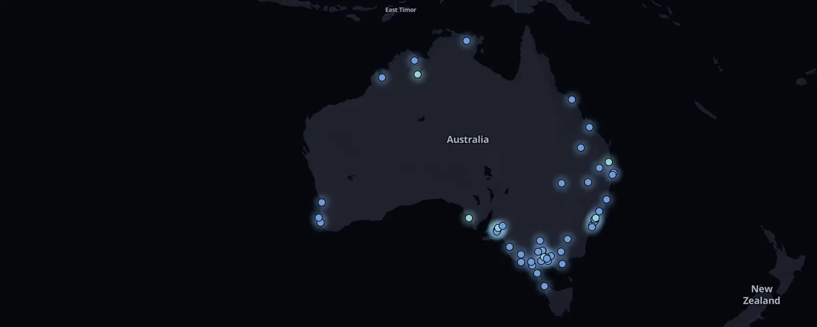 Map of the 55 case files in Australia, pinned by legal status