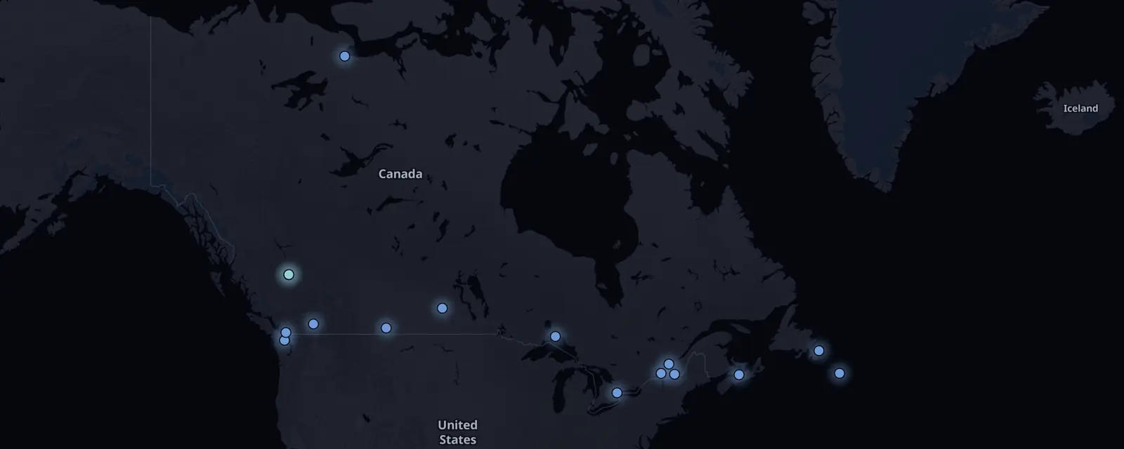 Map of the 16 case files in Canada, pinned by legal status
