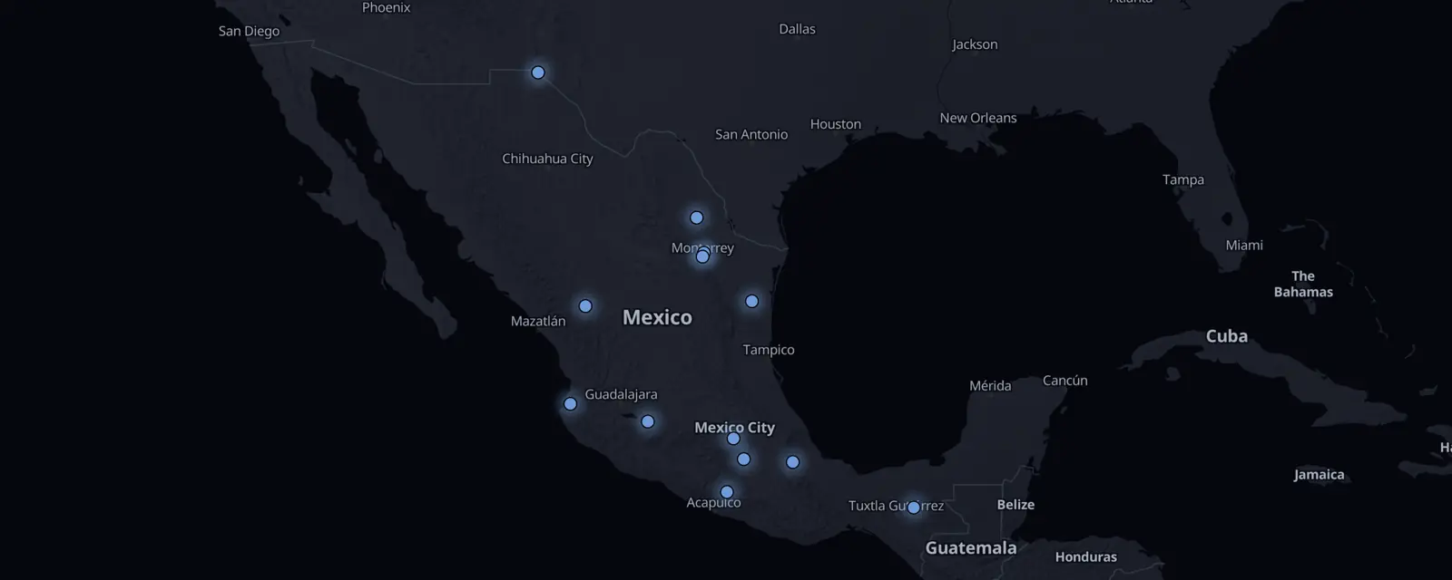 Map of the 13 case files in Mexico, pinned by legal status