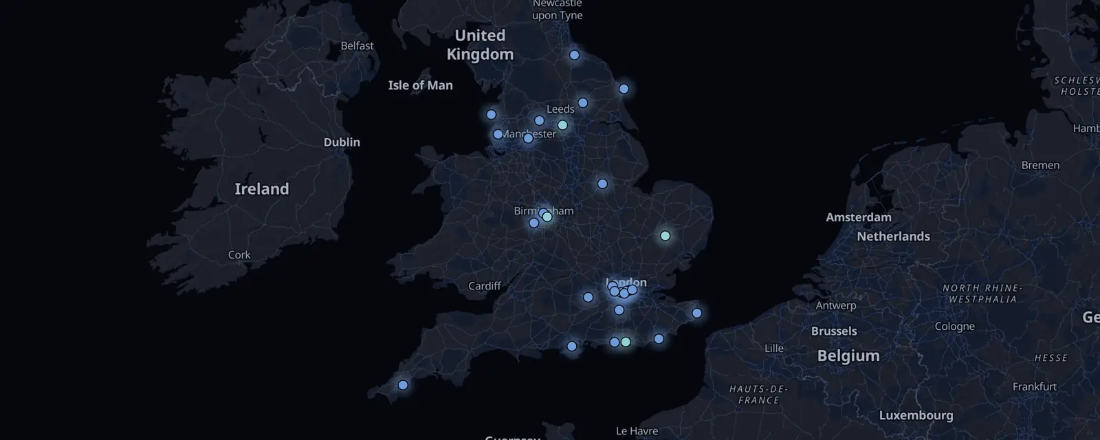 Map of the 29 case files in England, pinned by legal status
