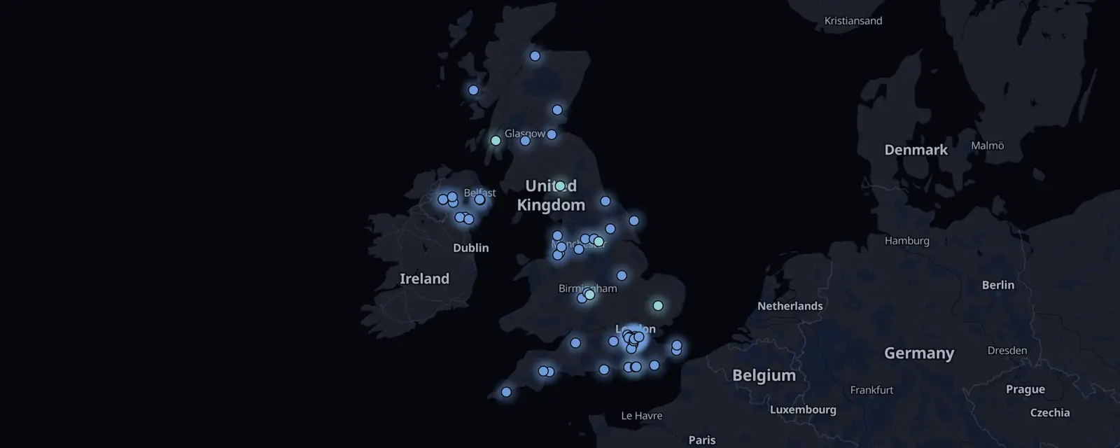Map of the 69 case files in the UK, pinned by legal status