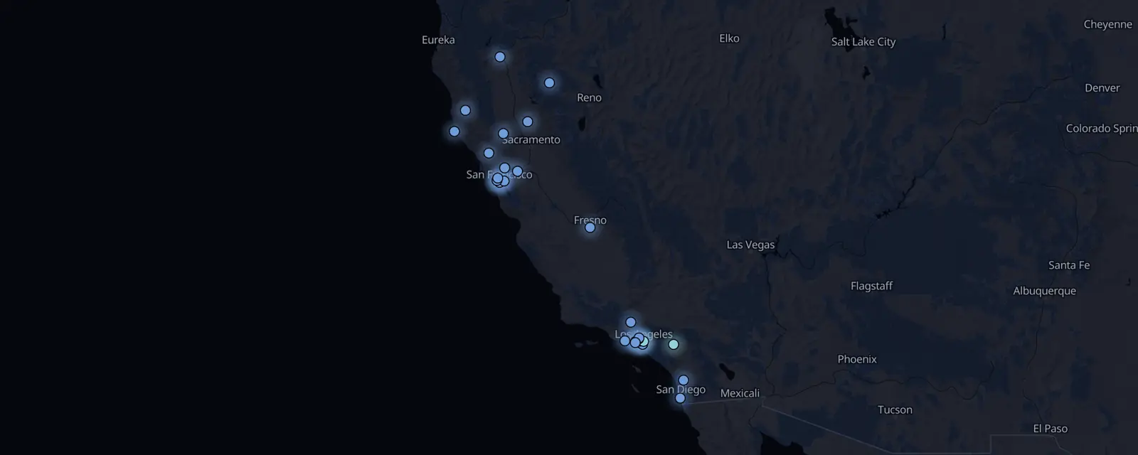 Map of the 29 case files in California, pinned by legal status