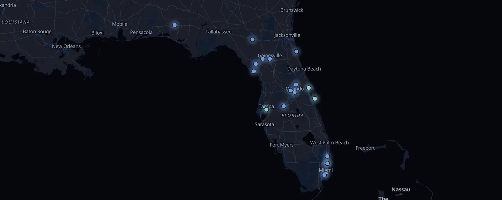 Map of the 19 case files in Florida, pinned by legal status