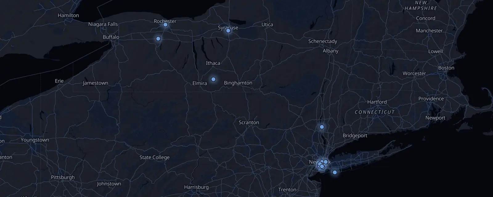 Map of the 13 case files in New York, pinned by legal status