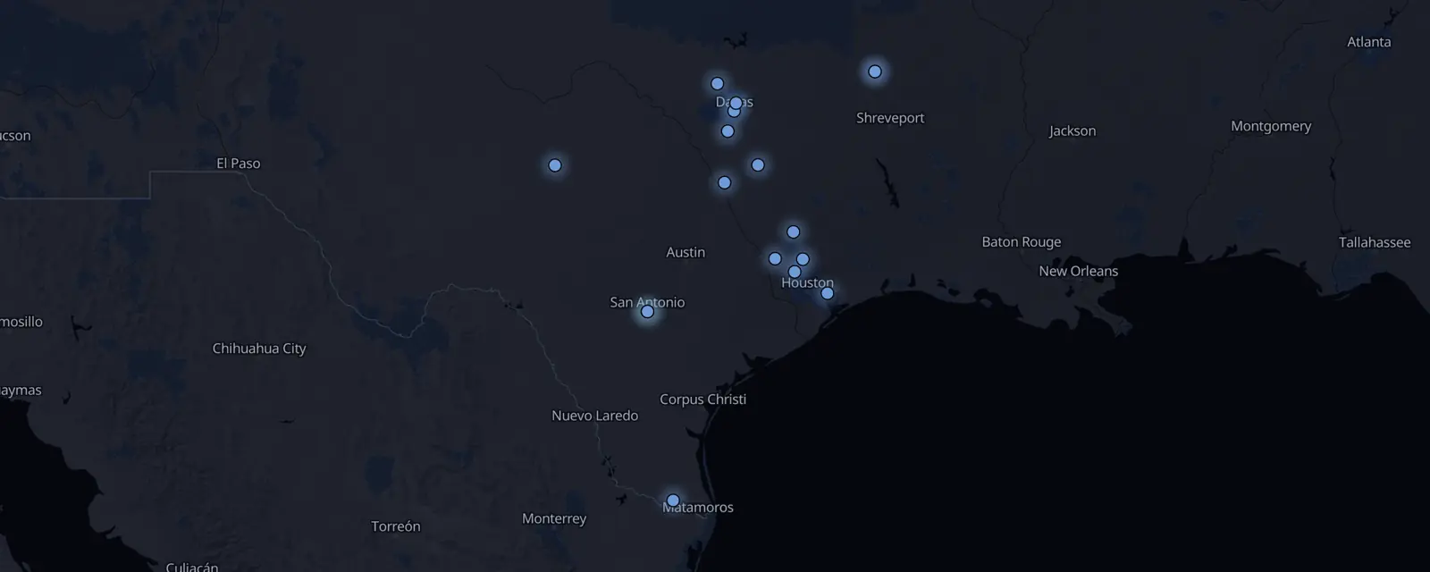 Map of the 17 case files in Texas, pinned by legal status